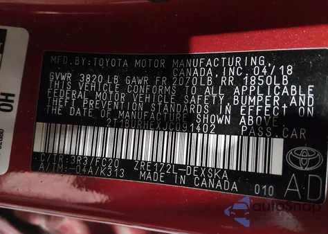 2018 Toyota Corolla Se from USA, damaged, VIN 2T1BURHEXJC091402